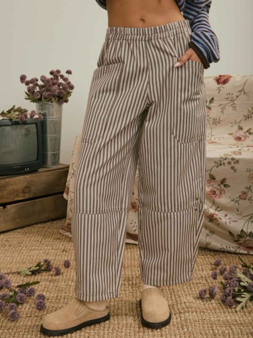 Striped Wide Barrel Leg Utility Pants - Neutral Stripe
